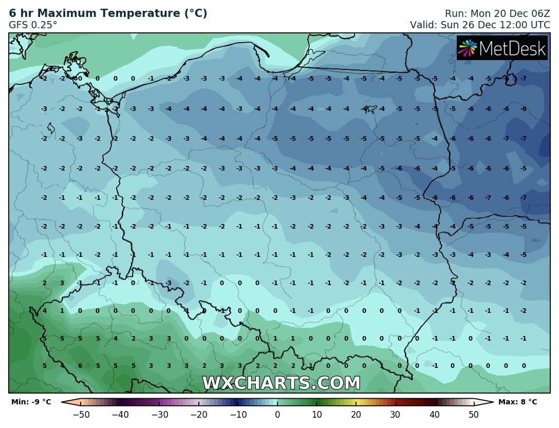 Prognozowana temperatura maksymalna 26 grudnia 2021 r.. Model: GFS