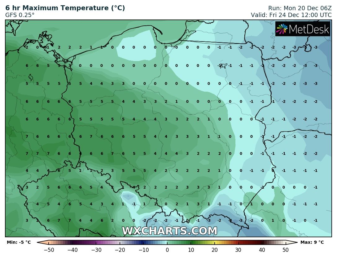 Prognozowana temperatura maksymalna w Wigilię 2021. Model: GFS