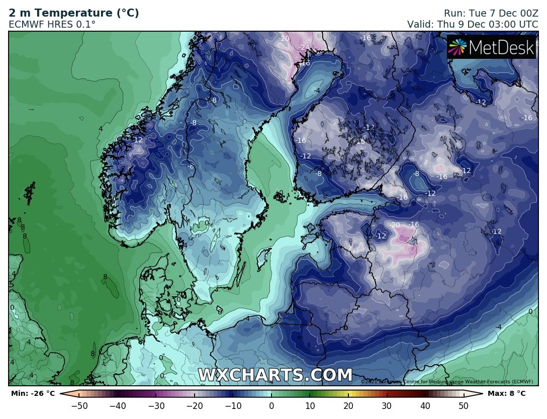 Prognozowana temperatura 9 grudnia 2021 r., 3:00 UTC; Model ECMWF