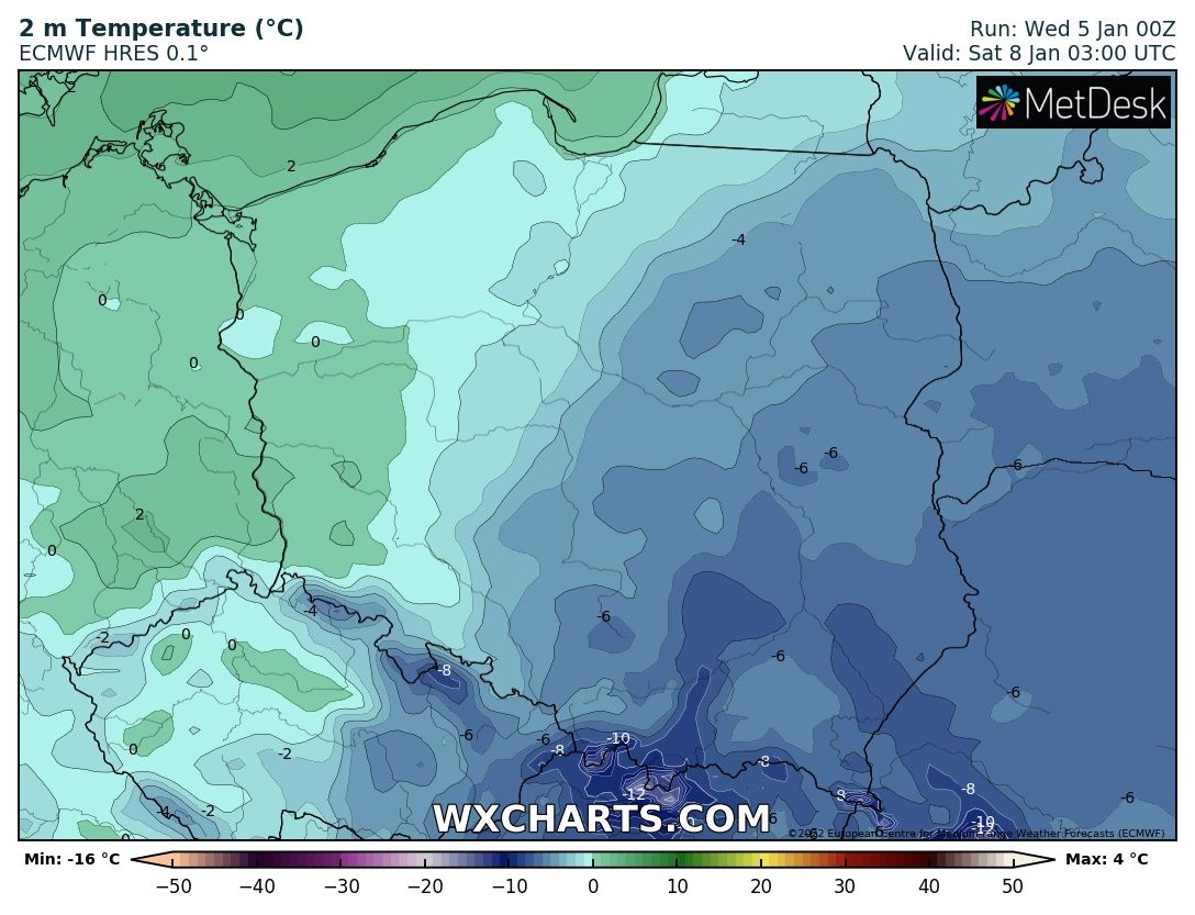 Prognozowana temperatura w nocy z piątku na sobotę (7/8.01.2021). Model: ECMWF