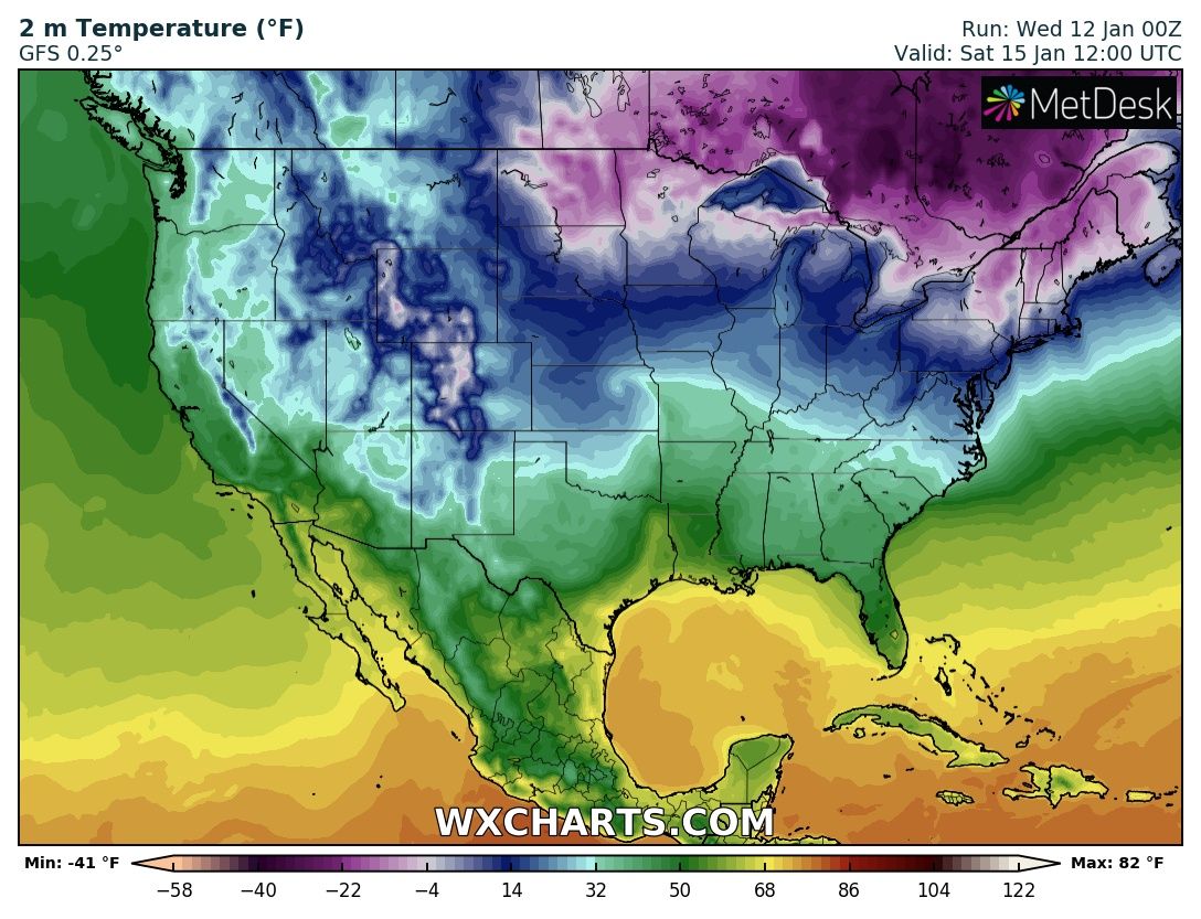 Prognozowana temperatura powietrza dla USA w sobotę, 15 stycznia 2022 r. Model: GFS
