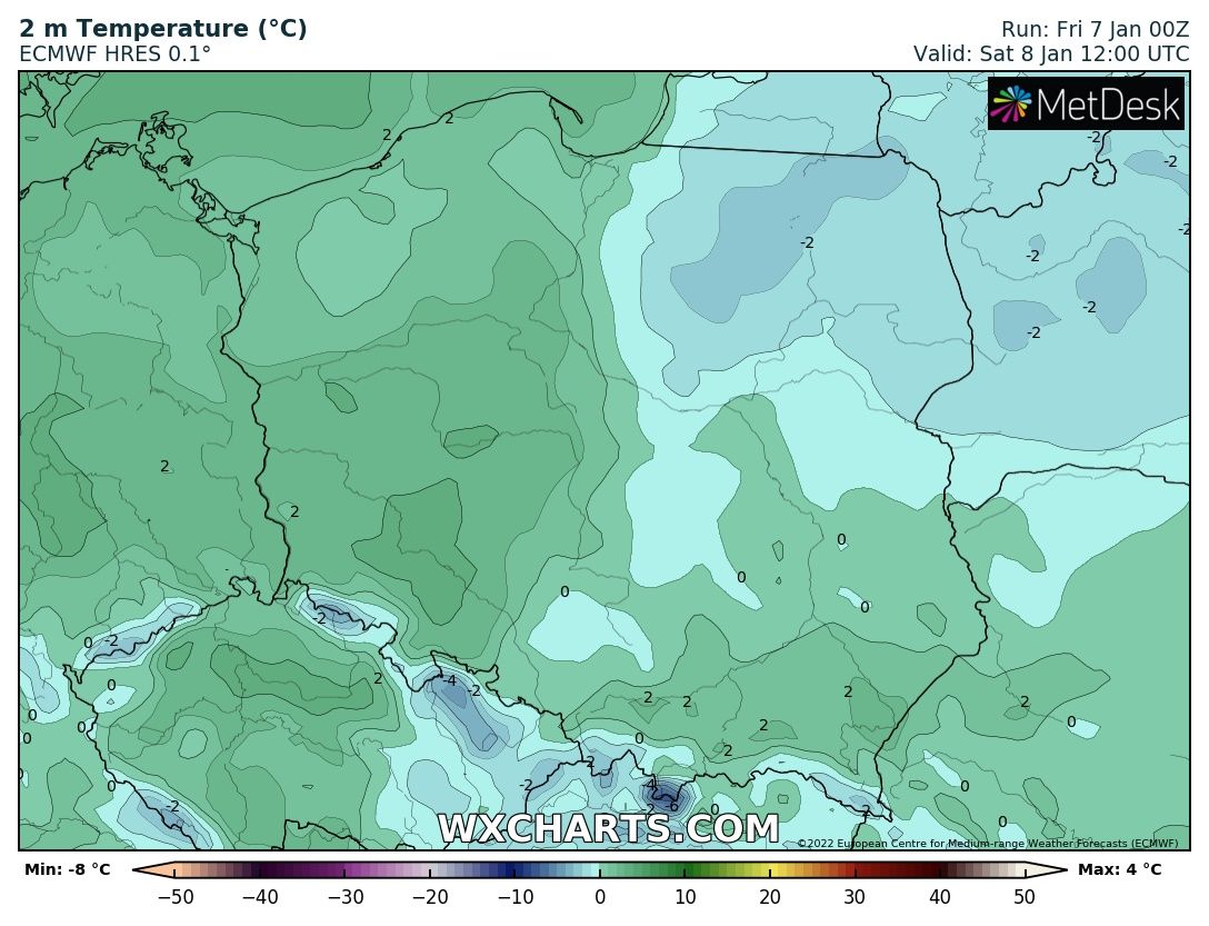 Prognozowana temperatura maksymalna w sobotę, 8 stycznia 2022 r. Model: ECMWF