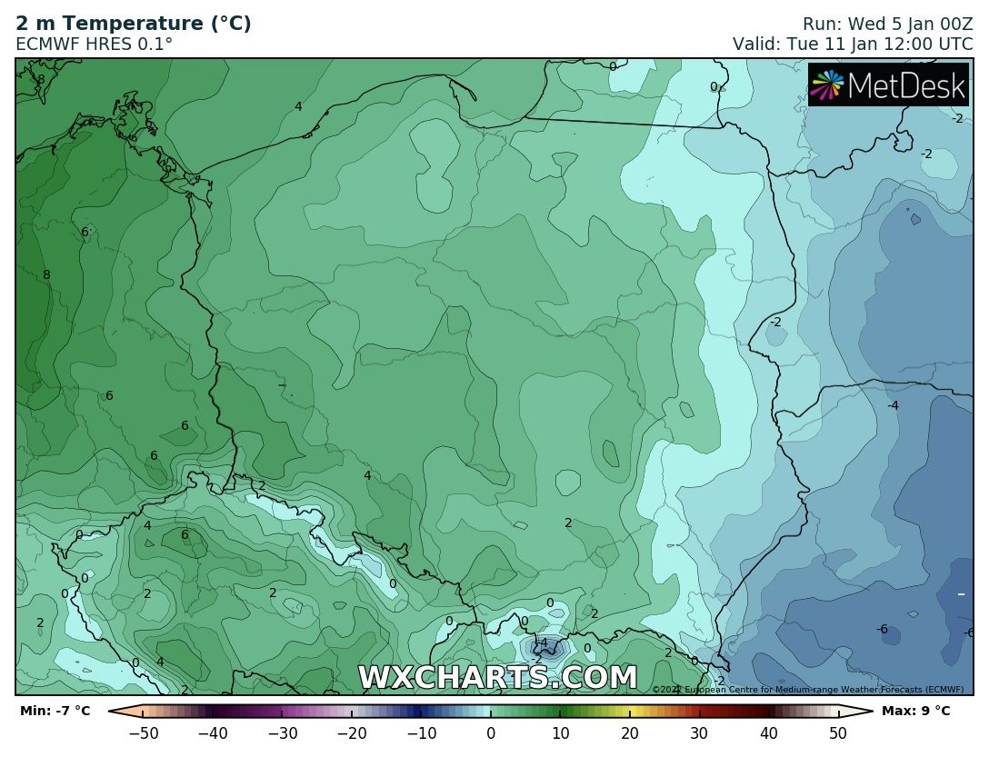 Prognozowana temperatura maksymalna we wtorek, 11 stycznia 2022 r. Model: ECMWF