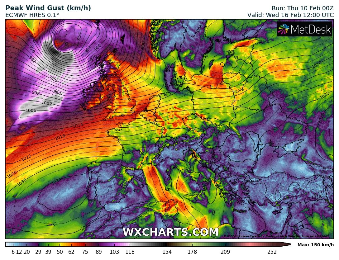 Prognozowane ciśnienie i porywy wiatru w Europie na 16 lutego 2022 r. Mode: ECMWF