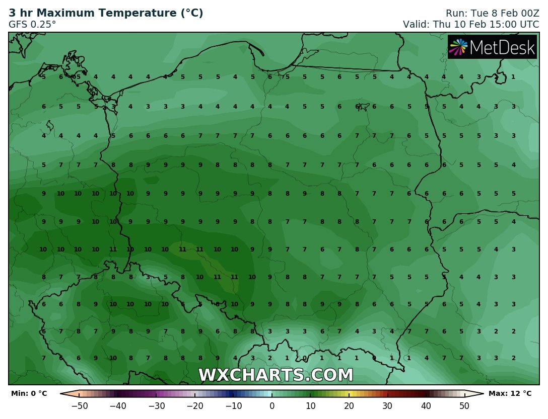 Prognozowana temperatura maksymalna w czwartek 10 lutego 2022 r. Model: GFS