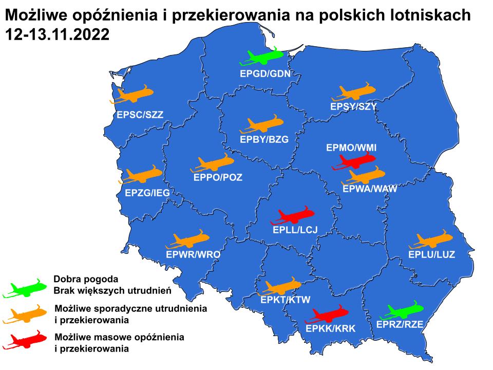 Prognozowane, możliwe utrudnienia i opóźnienia związane z pogodą na polskich lotniskach. Opracowanie własne