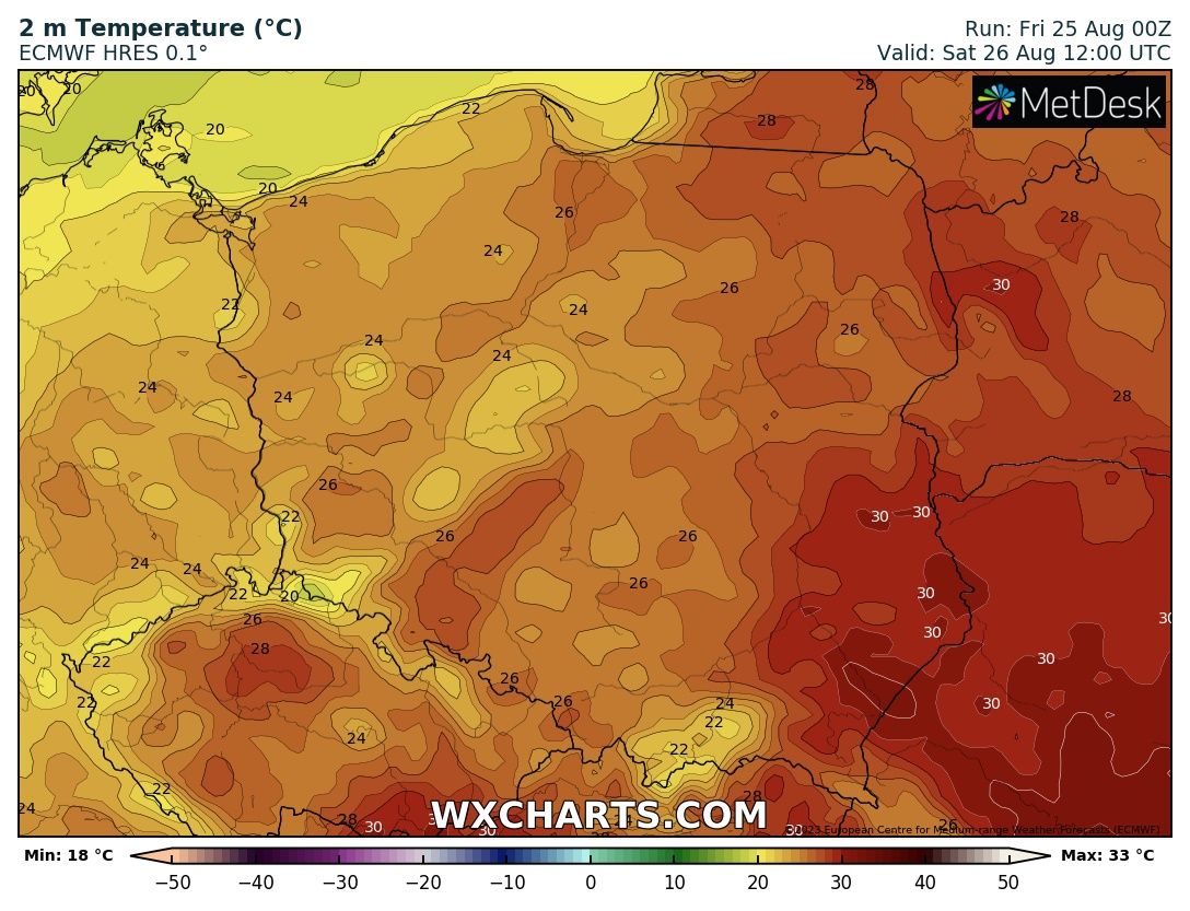 Prognozowana temperatura maksymalna w sobotę, 26 sierpnia 2023 r. Model: ECMWF