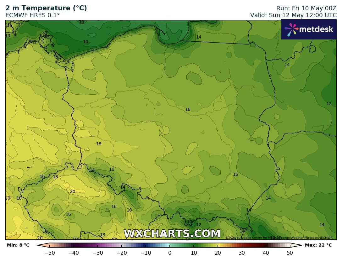 Prognozowana temperatura maksymalna w niedzielę, 12 maja 2024 r. Model: ECMWF