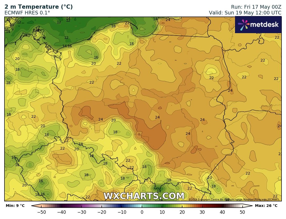 Prognozowana temperatura maksymalna w niedzielę, 19 maja 2024 r. Model: ECMWF