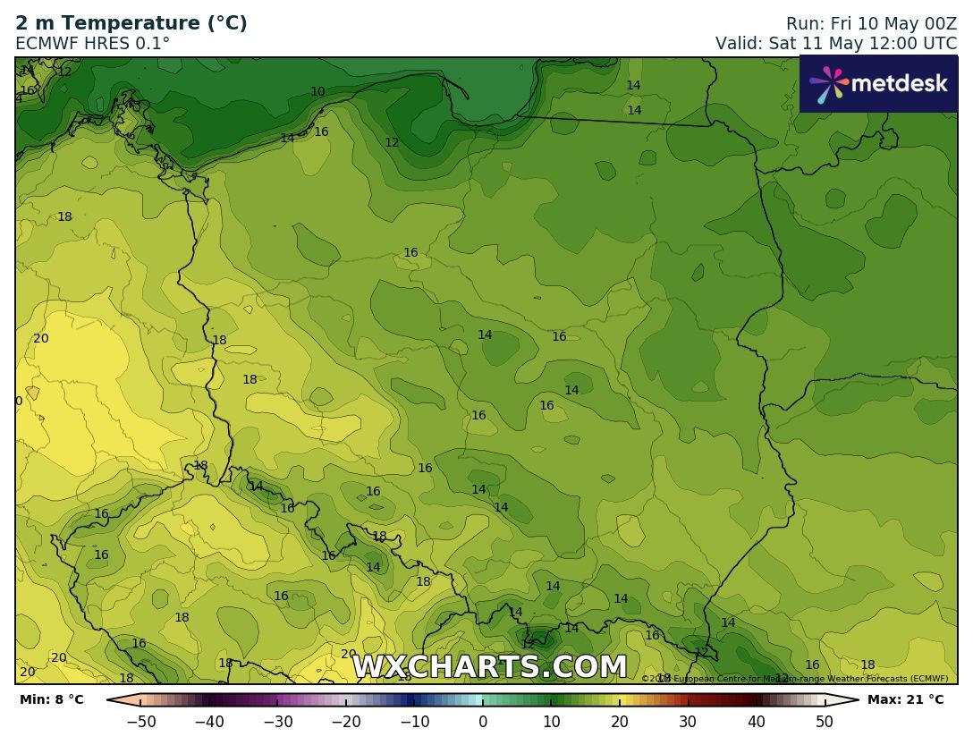 Prognozowana temperatura maksymalna w sobotę, 10 maja 2024 r. Model: ECMWF