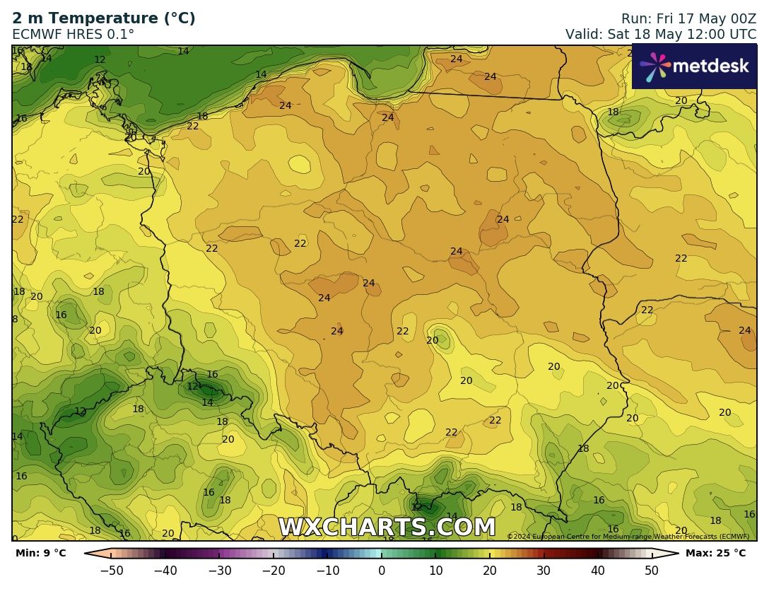 Prognozowana temperatura maksymalna w sobotę, 18 maja 2024 r. Model: ECMWF
